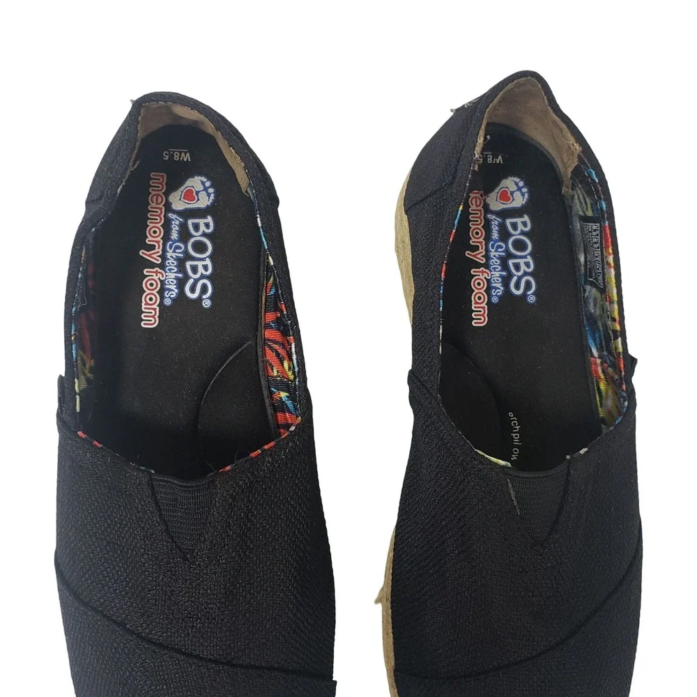 BOBS from Skechers Women 8.5 Black Canvas Espadrille Platform Slip On Flats